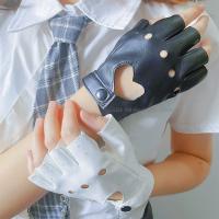 Guantes de medio Dedo de cuero PU para mujer, mitones góticos, corazón de Hip Hop, negro, blanco, hueco, Lolita JK, Anime coreano - details 4