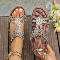 Sandalias planas de talla grande con diamantes de imitación de estilo étnico para mujer con diseño de correa trasera elástica - details 3