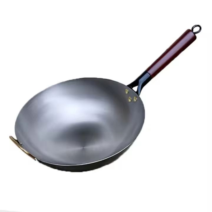 Wok de hierro tradicional chino, olla antiadherente de fondo redondo, mango de madera, sartén ligera, estufa de Gas - 1