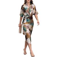 Vestido largo para mujer Informal de verano, para oficina, con manga y cuello en V, longitud de cintura con cinturón, vestidos de fiesta con abertura y lazo - details 5