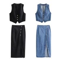 BUNO-Conjunto de 2 piezas para mujer, chaleco vaquero azul y falda Midi, elegante, informal, coordenadas, falda Midi dividida de vaquero con doble botonadura adelgazante de cintura alta para mujer - details 2