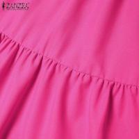ZANZEA-Vestidos informales de manga corta abombada para vacaciones, Vestidos escalonados, batas elegantes de Color sólido con cuello en V, vestido Maxi de verano 2025 - details 10