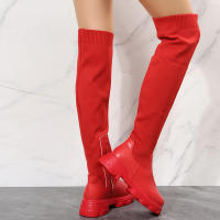 Botas de cuero por encima de la rodilla para mujer, zapatos de tacón grueso de punto rojo, terciopelo cálido, punta redonda, transpirables, talla grande, invierno, 2023 - details 4
