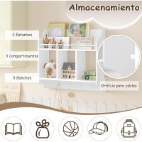 Estantería de Pared para Niños Librería Flotante con 3 Compartimentos y 4 Ganchos de Pomo Blanco - details 3