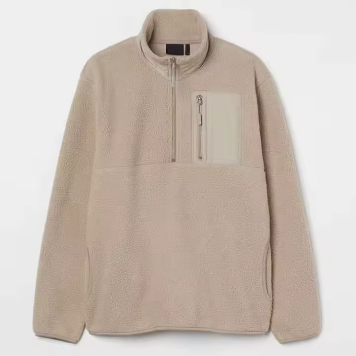Jersey de Sherpa de cuarto beige para hombre, sudadera con capucha holgada y gruesa, camisa deportiva marrón sólido con cremallera 1/4 - 1