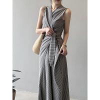 Vestido retro francés con cuello en V y cordones, falda a cuadros, diseño de verano, temperamento, vestido de viajero - details 2