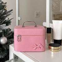 Bolsa de maquillaje de cuero PU con lazo rosa, caja de almacenamiento de productos para el cuidado de la piel con mango de aleación portátil, estuche de maquillaje de mano impermeable de gran capacidad - details 10