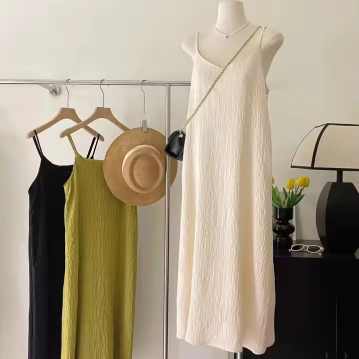 Camisola Vintage sin mangas, vestido a media pantorrilla para mujer, negro, rosa, morado, blanco, plisado, vestidos por debajo de la rodilla, vestidos de noche para niña, ropa - 1