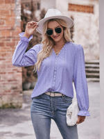 Blusa de gasa de retazos de encaje para mujer, camisa elegante informal de manga larga con cuello en V, trabajo de oficina, moda - details 4