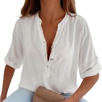 Verano Color Sólido, Cuello En V Levantado, Mangas Cortas, Botones, Camisa Casual, Blusa De Media Alfombra para Mujer Con Corte 3D - details 12