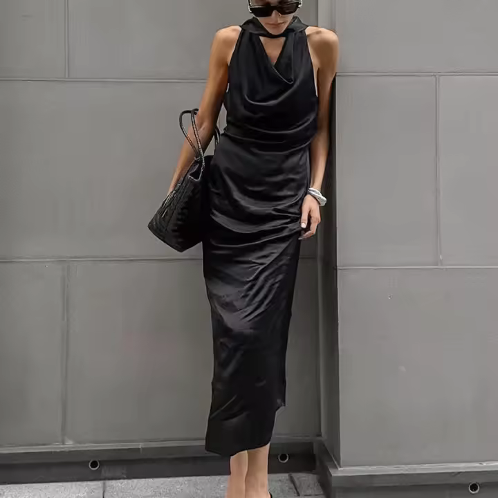 Vestido elegante de moda con cuello oscilante y cuello Halter, novedad de verano, vestido ceñido de satén con cintura ajustada - 1