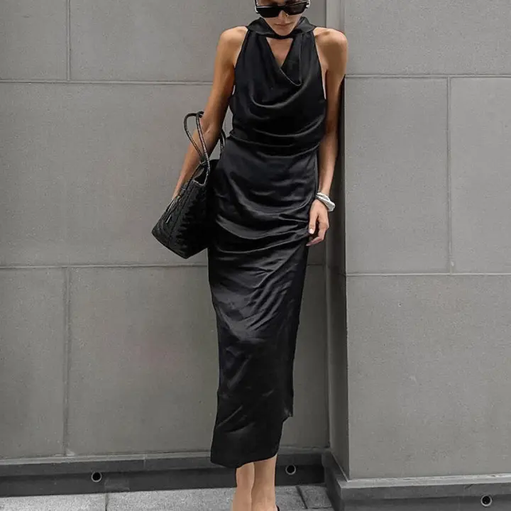 Vestido elegante de moda con cuello oscilante y cuello Halter, novedad de verano, vestido ceñido de satén con cintura ajustada - 1