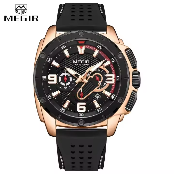 Relojes MEGIR de lujo de primera calidad para hombre, cronógrafo militar, resistente al agua, reloj deportivo de cuarzo, reloj de pulsera para hombre, reloj de silicona con esfera grande - 1