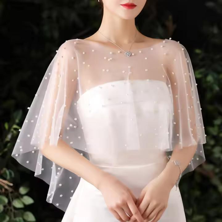 Moda encaje novia vestido de novia chal perla estilo coreano vestidos de noche bufandas capa transparente bufanda de malla señoras/niñas - 1