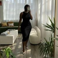 Nueva moda informal de verano para mujer, tela sin mangas, cuello redondo, vestido negro, paquete femenino, caderas, vestidos elegantes para fiesta en la playa - details 7