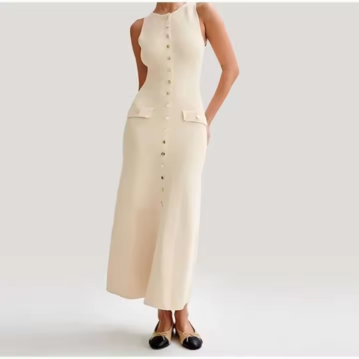 Elegante Vestido Largo de Punto para Mujer 2024 Moda de Verano Sin Mangas Cuello Redondo - 1