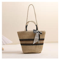 Bolso de paja de un solo hombro a rayas, bolso tejido a mano para mujeres, bolso de playa para vacaciones - details 1