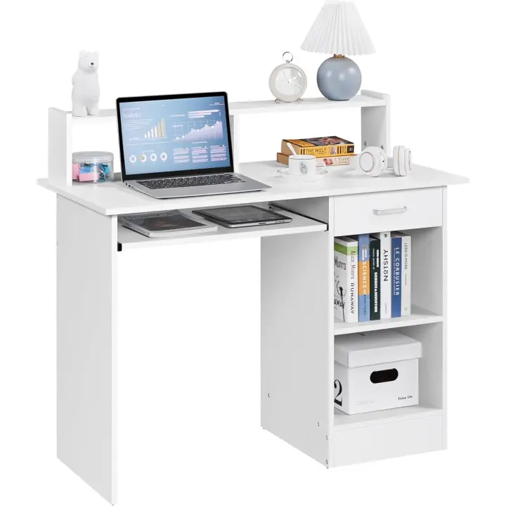 Mesa Escritorio Blanca Mesa de Ordenador con Cajones Escritorio de Oficina con Soporte de Monitor Mesa PC para Despacho 106x50x94cm - 1