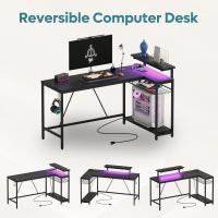 Forma de L con Tomas de Corriente y Luces LED, Escritorio Esquinero con Estantes, Reversible para Ordenador para el Hogar, Oficina, Dormitorio, Espacio Pequeño, 106,5 cm - details 22