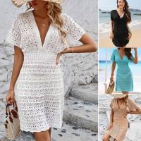 Mini vestido de playa de ganchillo con cuello en V, cubierta de punto de manga corta para mujer, túnica ligera de verano para traje de baño - details 5