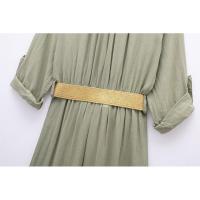 BUNO-Vestido camisero a rayas para mujer, plisado con cinturón, midi, manga con vuelta, largo para playa, verano, 2025 - details 15