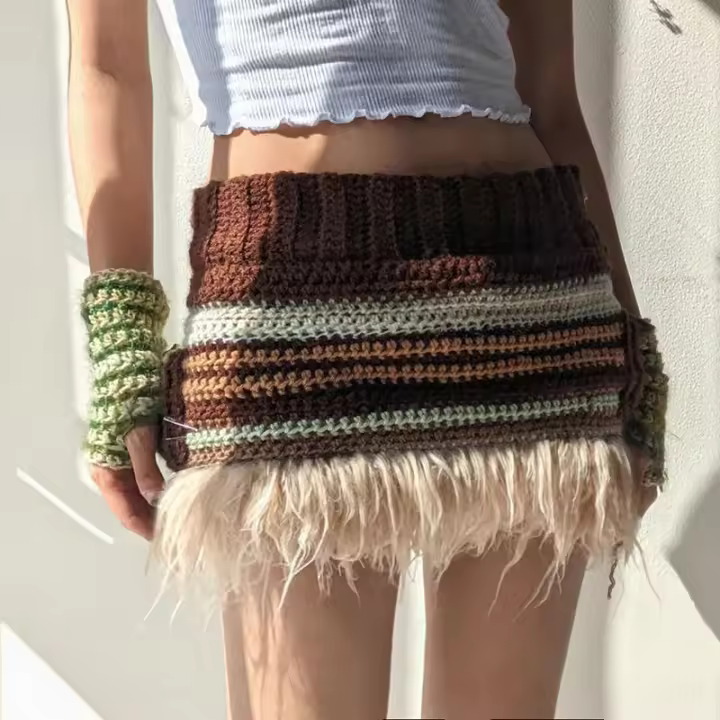 BUNO-suéter de retazos de piel de Color contrastante, falda Vintage estética Chic, faldas cortas de punto, ropa de calle de invierno, trajes - 1