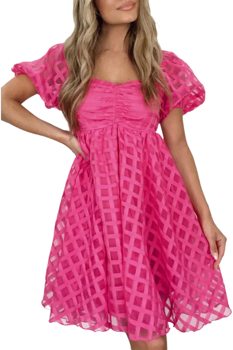 Elrachen Vestido babydoll a cuadros rosa fresa con mangas abullonadas para mujer, rosa, tallas S-XL - 1