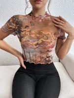 Nueva camiseta de manga corta elegante con estampado de malla, camisetas de manga corta con ribete de oreja de madera para mujeres - details 26