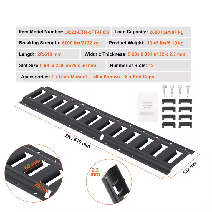 SucceBuy E Track Kit de rieles de amarre, rieles de acero, paquete de 4, carga segura y cargas pesadas de hasta 907 kg, rieles Etrack resistentes con tornillos para garajes, remolques, amarres de motocicletas, montajes de ATV - 1