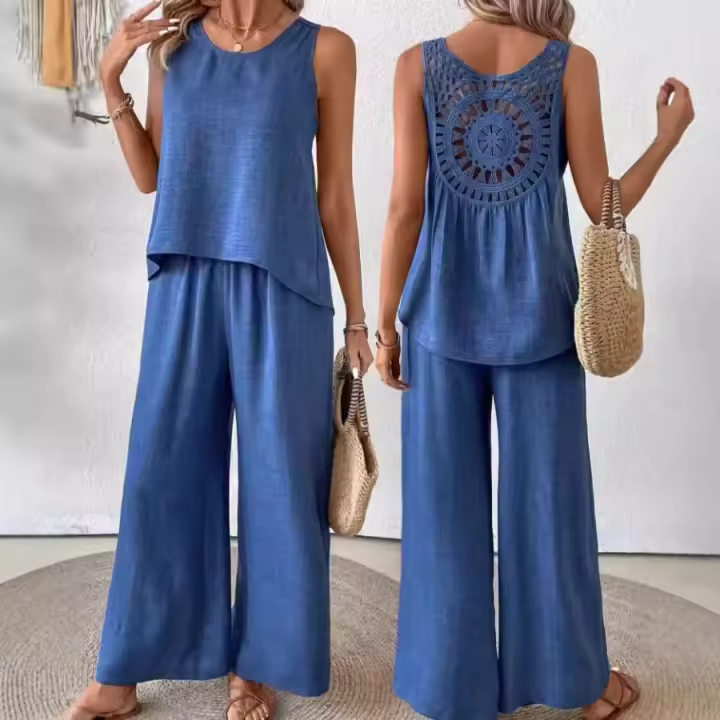 Nuevo, traje de encaje hueco en la espalda de color sólido sin mangas de verano, ropa de mujer - 1
