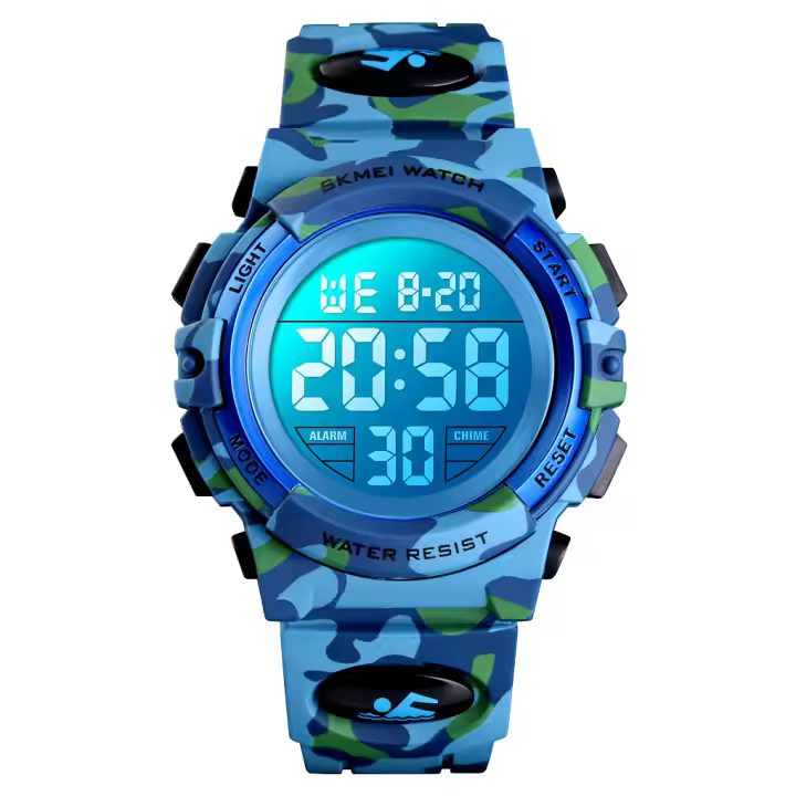 Reloj de moda para niños SKMEI resistente al agua 5bar con luz colorida para deportes tipo digital con correa de 12/24 horas diseño camuflaje para niños varones - 1