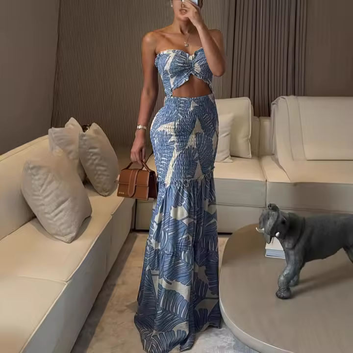 Europa, América primavera y verano nuevo vestido plisado con estampado de cuello INS vestido suelto informal de vacaciones - 1