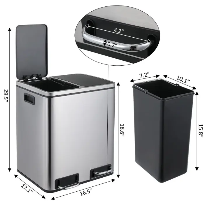 Cubo de basura de acero inoxidable con Pedal de pie, cubo de basura resistente a las manchas, cierre suave, doble compartimento, 30L - 1