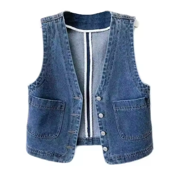 Chaleco casual de mezclilla retro con dos bolsillos para mujer. - 1