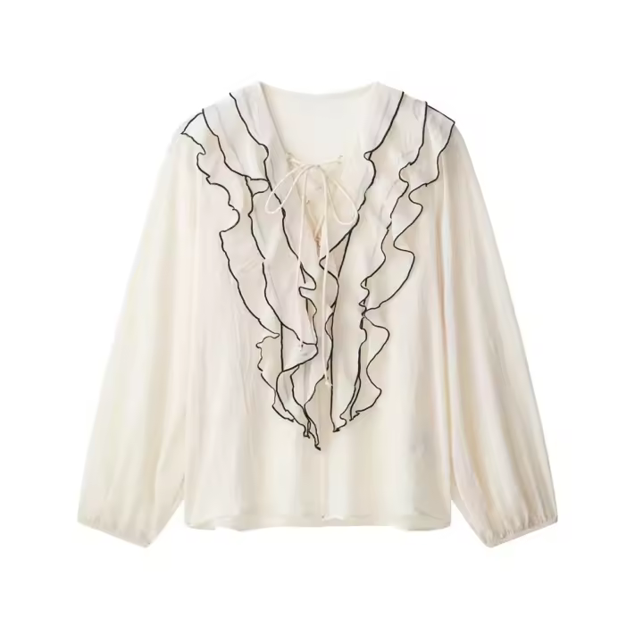 Camisa holgada informal de manga larga 2025 con decoración translúcida en capas, cuello en V, ropa de mujer, nuevas llegadas de verano - 1