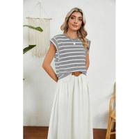 BUNO-2025 Tops para mujer, pantalón corto informal de moda de verano, camisetas básicas con textura a rayas de Color sólido y cuello redondo - details 63