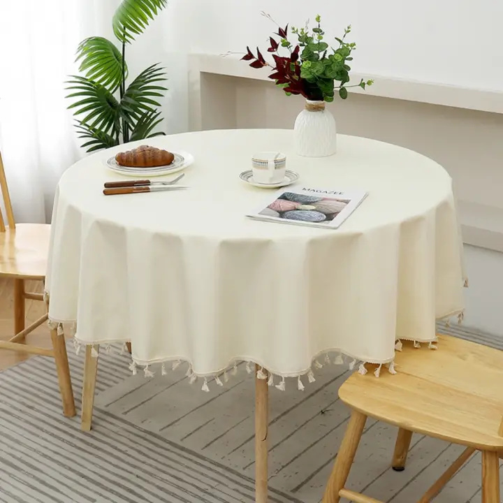 Decoración de mesa, mantel redondo de lino y algodón TPU con borla, cubierta para mesa de comedor, tapete impermeable de Color sólido, decoración del hogar - 1