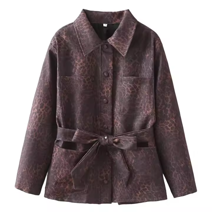 Chaqueta de Leopardo para Mujer Cómoda, Manga Larga, Lazo, Decoración de Pecho Único, Otoño - 1
