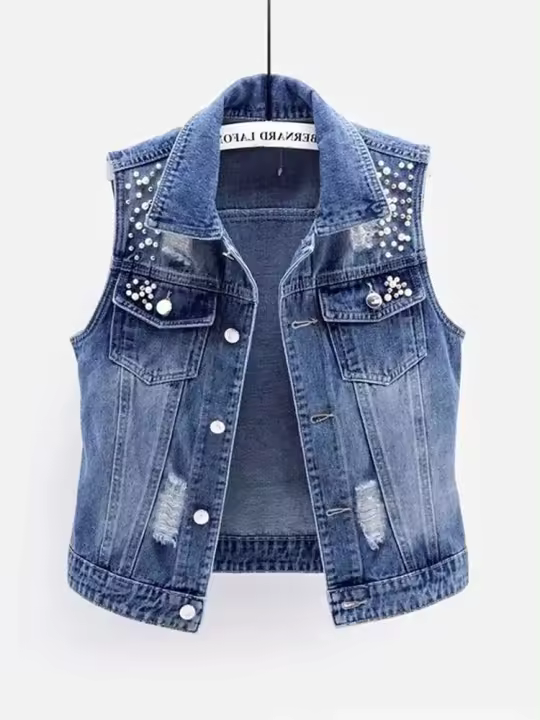 JMPRS-Chaqueta para mujer, chaqueta vaquera rasgada de moda con perlas de lujo, abrigo corto suelto sin mangas, chaquetas casuales 5XL - 1