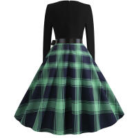 Women plaid print long sleeve vintage a line party dress v neck - details 39