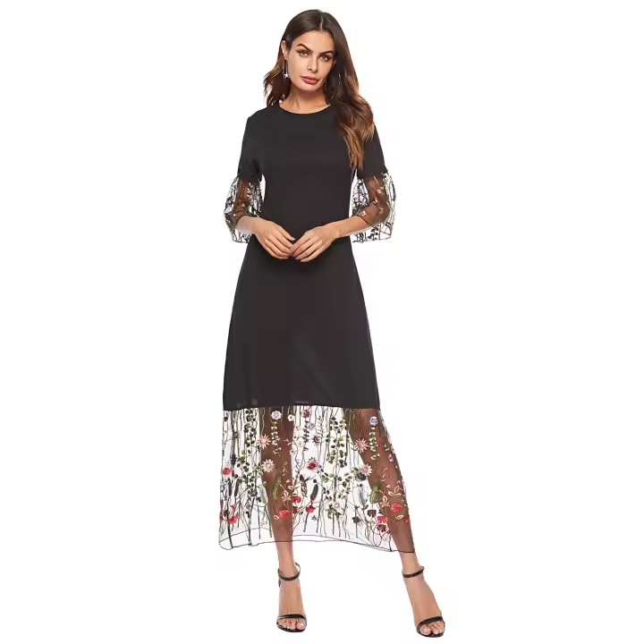 Vestido de Moda de Verano 2025 para Mujer con Bordado de Encaje Negro Largo con Mangas de Cuerno y Falda de Ondas Grande - 1