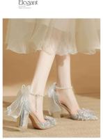 Primavera puntiagudos fiesta mujer boda novia arco tacón grueso Sier lentejuelas Hada estilo Lolita zapatos individuales - details 2
