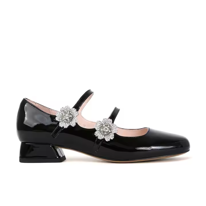 Zapatos Mary Jane de tacón grueso con cabeza cuadrada y flor de diamantes de imitación. - 1