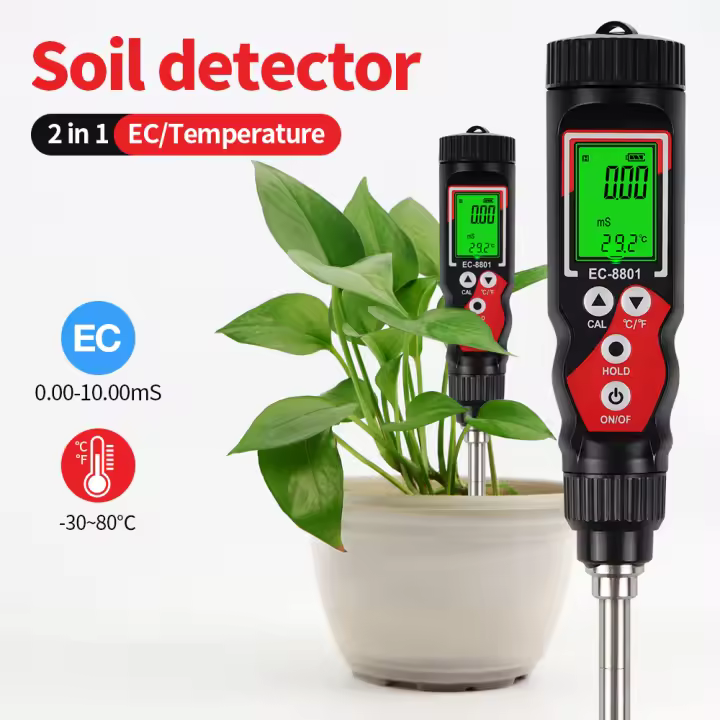 Probador de EC de suelo portátil, retroiluminación Digital EC/TEMP 2 en 1, Detector de suelo ATC, probador EC de suelo para jardín, granja e invernadero - 1