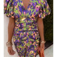 2025 Vestido de verano para mujer, azul, estampado, cuello en V, ceñido, ceñido a la cadera, manga corta - details 7