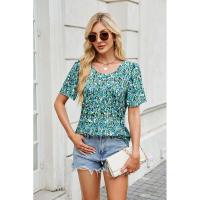 BUNO-2025 Nueva camisa de verano 2025 para mujer, ropa para mujer, blusa con cuello en V, Tops de manga corta a la moda, blusas holgadas con estampado Floral a rayas para mujer - details 5