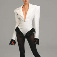 BUNO-Traje de encaje a la moda, mono, chaqueta para mujer, Top de cuerpo con cuello en V, cárdigan Sexy ajustado de manga larga, ropa de calle, peleles negros para mujer, nuevo - details 18