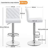 2pcs Taburetes de Bar Altura Ajustable 92-113,5cm Sillas de Bar Asientos Giratorios Diseño Moderno Taburetes Altos Blanco - details 2