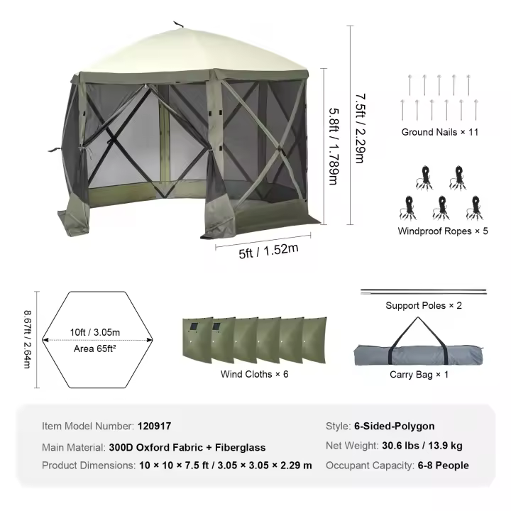 SucceBuy Tienda de campaña emergente, refugio solar con dosel de 6 lados, tienda de campaña de pantalla de ajuste rápido con mosquitera - 1