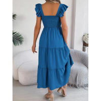 Elegante vestido largo de verano para mujer en color liso con escote cuadrado y aros decorativos, sin mangas, corte ajustado. - details 10